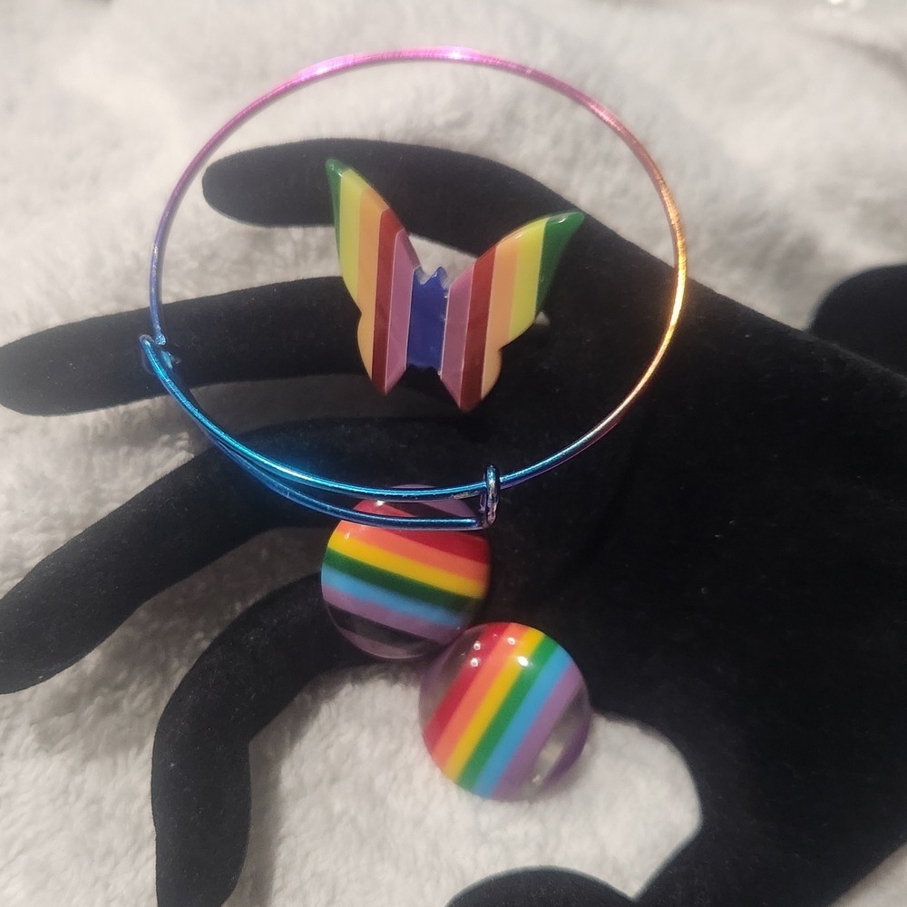 Rainbow Pride acrylic lot Butterfly Pin Stud Earrings and Adjustable Bangle‎